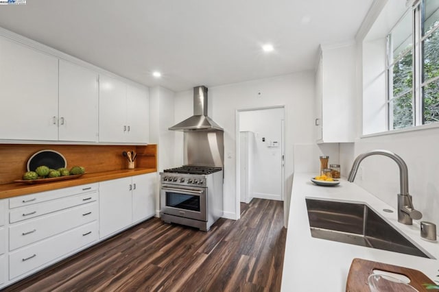 kitchen featuring dark hardwood / wood-style floors, sink, white cabinets, high end stainless steel range oven, and wall chimney range hood