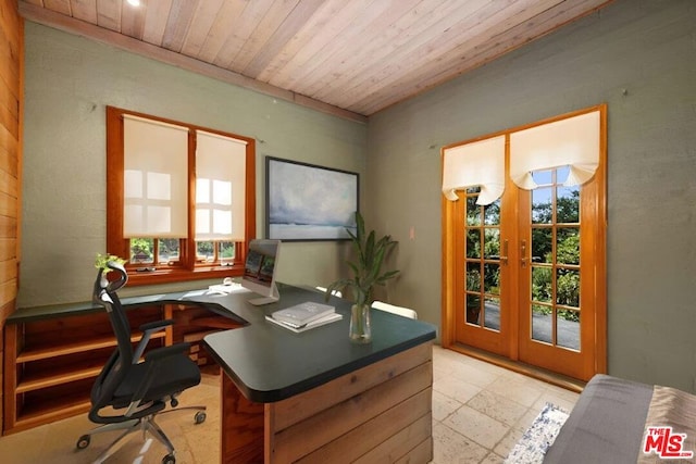 home office featuring wooden ceiling and french doors