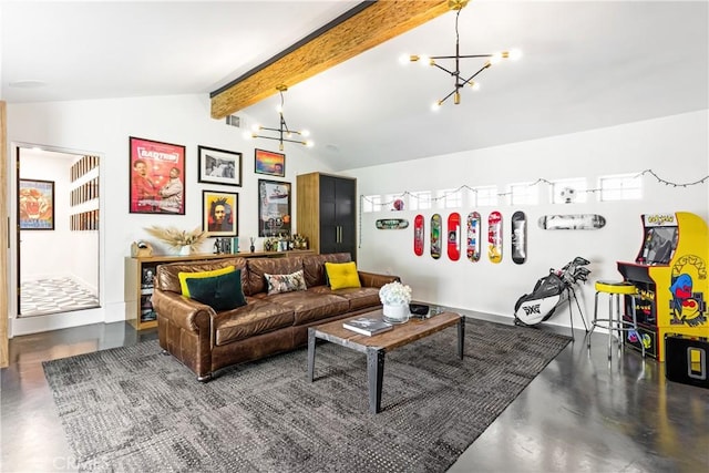 living room featuring a notable chandelier and vaulted ceiling with beams