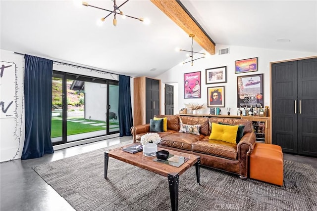 living room with vaulted ceiling with beams, concrete floors, and a chandelier