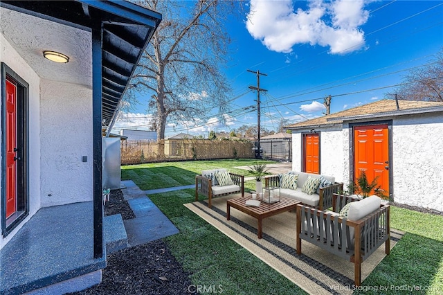 view of yard with an outdoor structure and outdoor lounge area