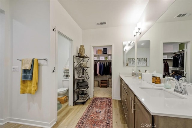 bathroom with vanity, toilet, and wood-type flooring