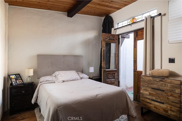 bedroom with wooden ceiling and beam ceiling