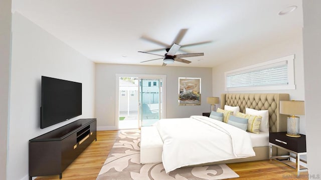 bedroom with ceiling fan, access to exterior, and light hardwood / wood-style flooring