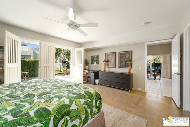 bedroom featuring multiple windows, ceiling fan, access to exterior, and light wood-type flooring