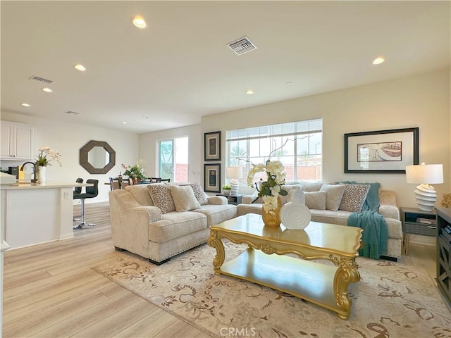 living room featuring sink and light hardwood / wood-style floors