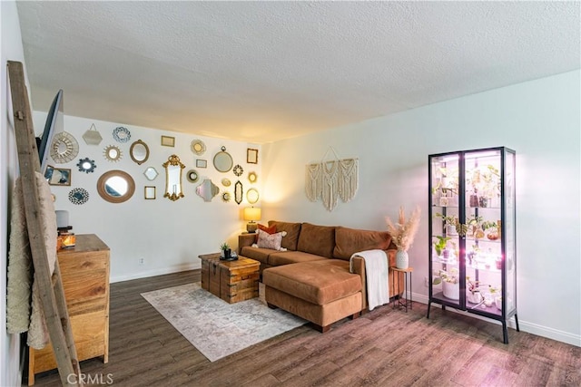 living room with dark hardwood / wood-style floors and a textured ceiling