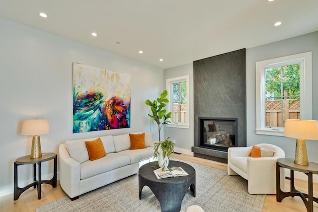 living room featuring light hardwood / wood-style floors and a large fireplace