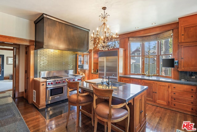 kitchen with tasteful backsplash, high quality appliances, dark hardwood / wood-style floors, and decorative light fixtures