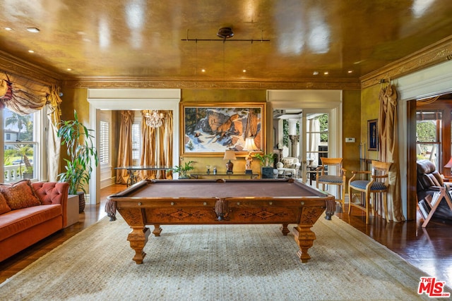 recreation room with dark hardwood / wood-style flooring, pool table, and ornamental molding