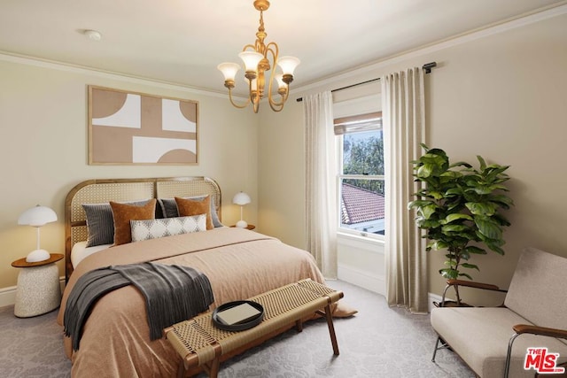 bedroom featuring a notable chandelier, ornamental molding, and carpet flooring