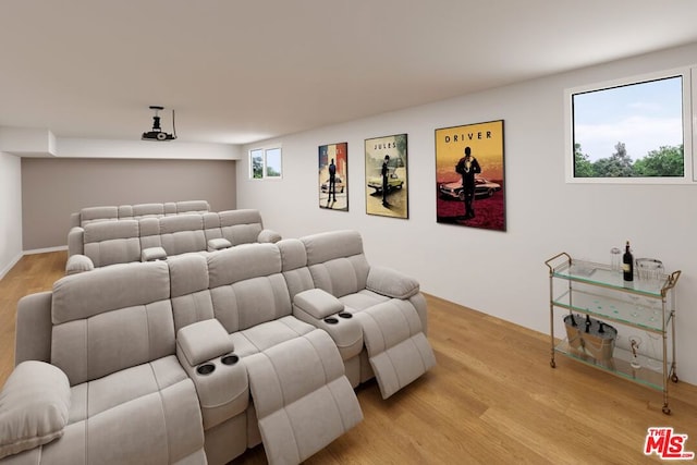 home theater room with light hardwood / wood-style floors