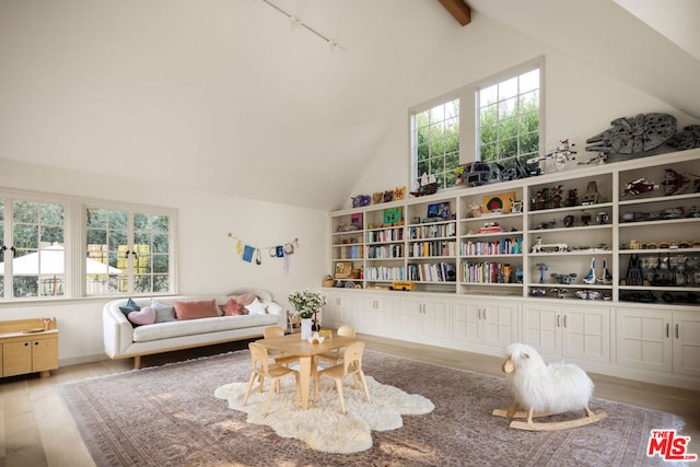 living room featuring beamed ceiling, high vaulted ceiling, light wood-type flooring, and a wealth of natural light