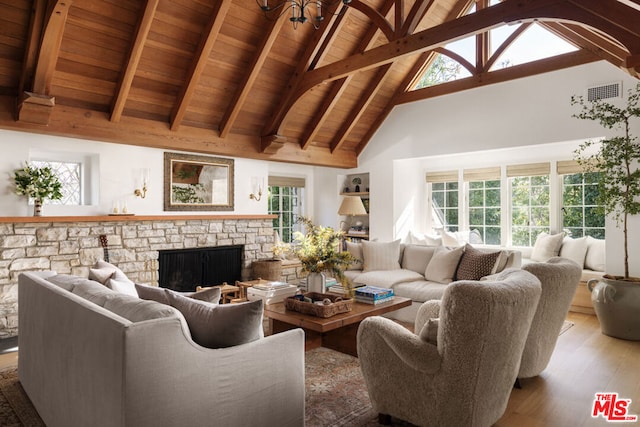 living room with a stone fireplace, high vaulted ceiling, hardwood / wood-style flooring, wooden ceiling, and beam ceiling