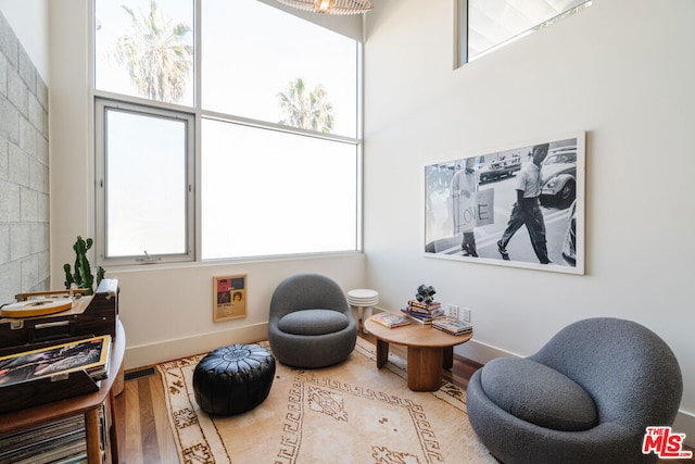 living area with a towering ceiling and hardwood / wood-style floors