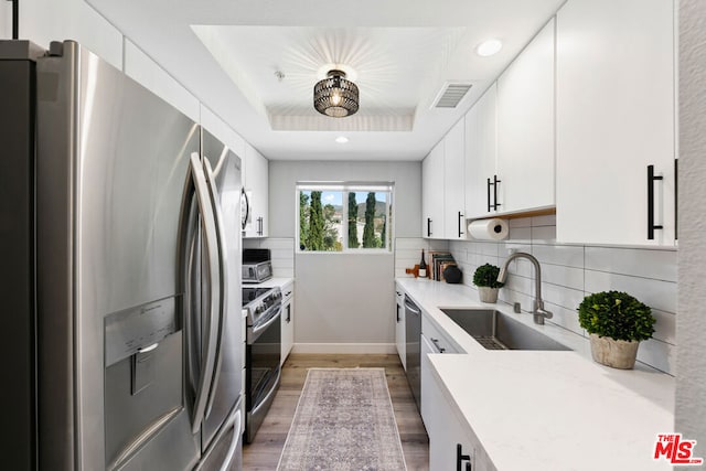 kitchen featuring a raised ceiling, white cabinetry, appliances with stainless steel finishes, and sink