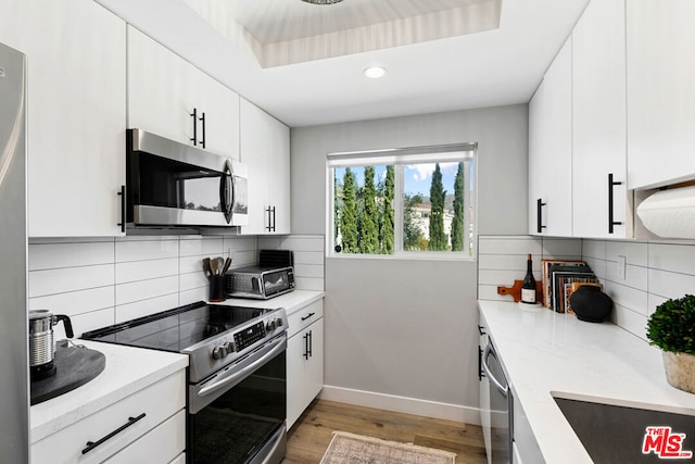 kitchen featuring stainless steel appliances, a raised ceiling, and white cabinets