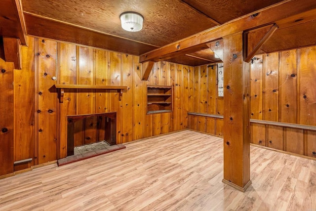 living room featuring wood walls and light hardwood / wood-style flooring