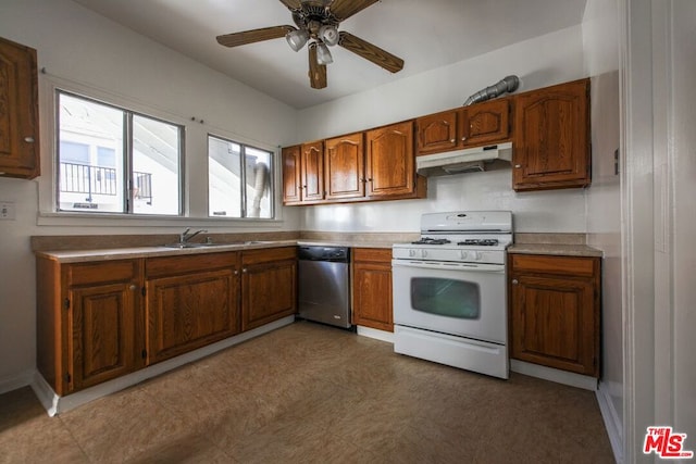 kitchen with sink, stainless steel dishwasher, white gas stove, and ceiling fan