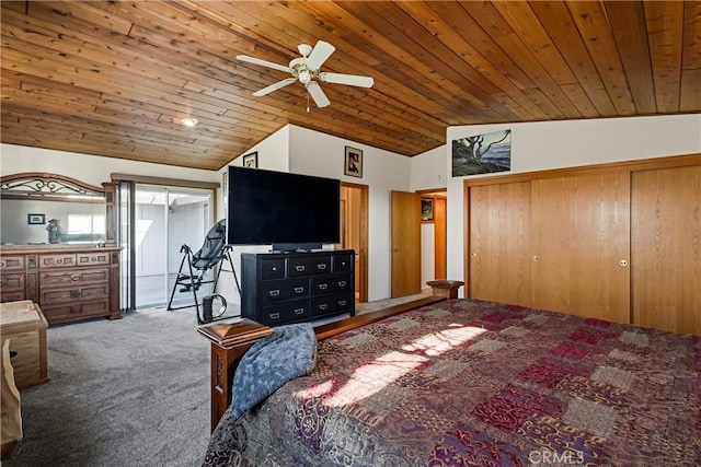 carpeted bedroom featuring vaulted ceiling, wooden ceiling, and ceiling fan