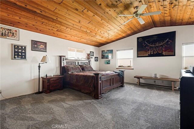 carpeted bedroom featuring vaulted ceiling, wooden ceiling, and ceiling fan