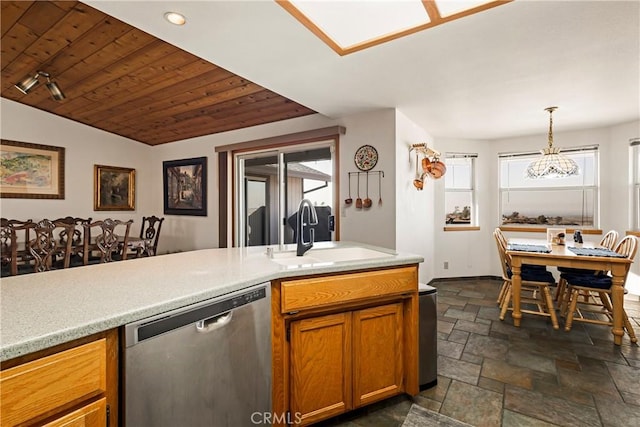 kitchen featuring sink, decorative light fixtures, stainless steel dishwasher, and wooden ceiling