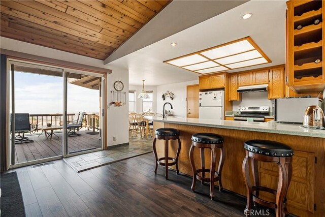 kitchen featuring lofted ceiling, a kitchen bar, stainless steel range with electric cooktop, white refrigerator, and dark hardwood / wood-style floors