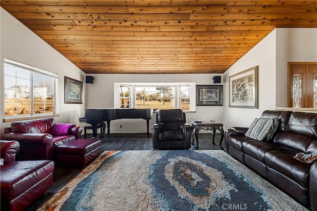 living room featuring lofted ceiling, a wealth of natural light, wooden ceiling, and dark hardwood / wood-style flooring