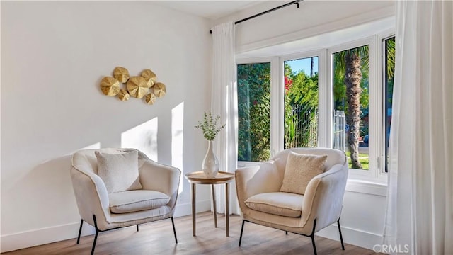 living area featuring wood finished floors and baseboards