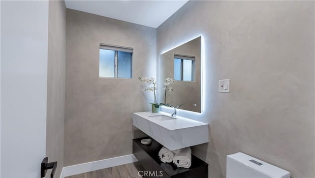 bathroom with hardwood / wood-style flooring, vanity, and toilet