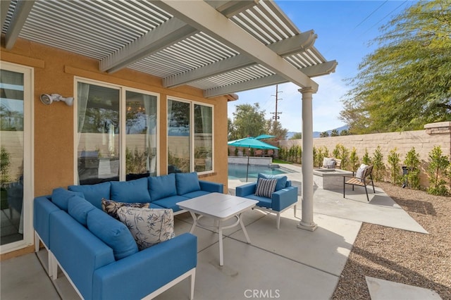 view of patio / terrace with a fenced in pool, an outdoor hangout area, and a pergola