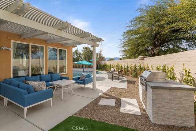 view of patio / terrace featuring area for grilling, an outdoor hangout area, and a pergola