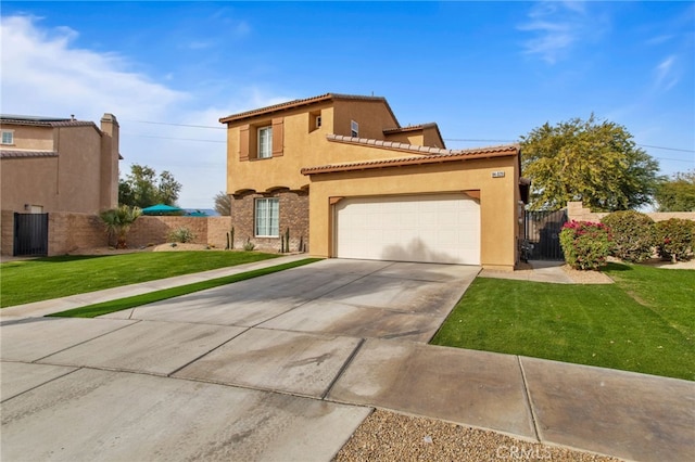 mediterranean / spanish house featuring a garage and a front lawn