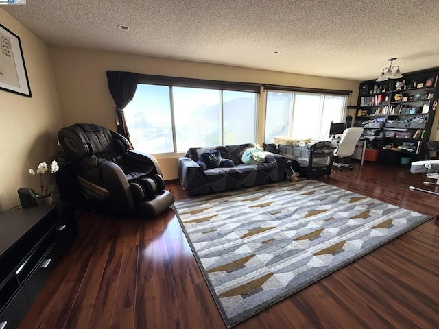 living room with a textured ceiling, wood-type flooring, and a healthy amount of sunlight