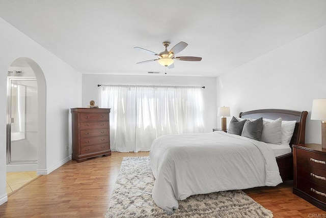 bedroom featuring ceiling fan and light wood-type flooring