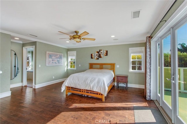 bedroom featuring access to exterior, visible vents, dark wood-style floors, and multiple windows