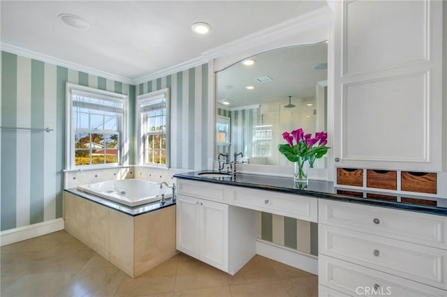 22052 Susan Ln, Huntington Beach, CA 92646 - bathroom featuring crown molding, a garden tub, wallpapered walls, vanity, and a shower