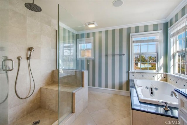 full bath featuring wallpapered walls, baseboards, ornamental molding, and a stall shower