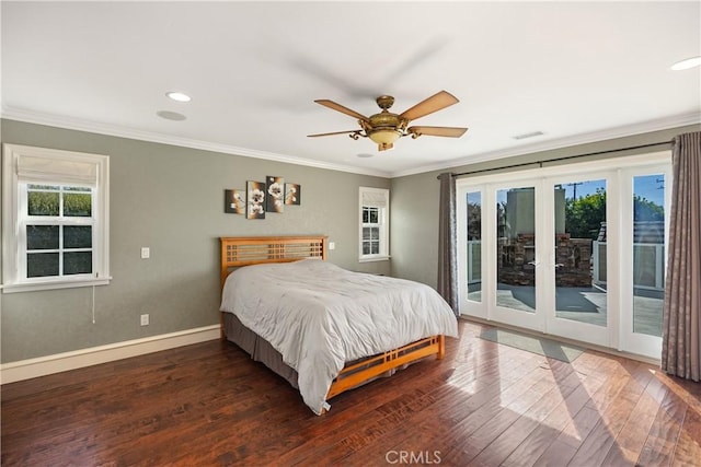 22052 Susan Ln, Huntington Beach, CA 92646 - bedroom with french doors, access to exterior, multiple windows, dark wood-type flooring, and crown molding