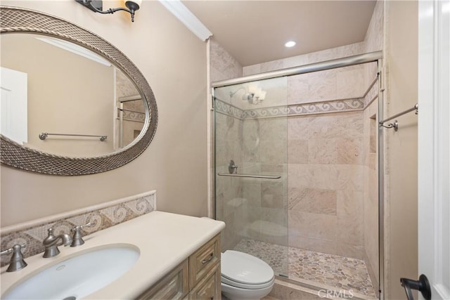 22052 Susan Ln, Huntington Beach, CA 92646 - bathroom with a stall shower, toilet, vanity, and recessed lighting