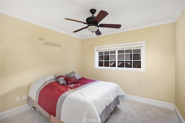 bedroom featuring ornamental molding, light carpet, and baseboards