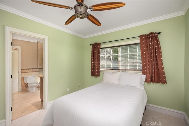 22052 Susan Ln, Huntington Beach, CA 92646 - carpeted bedroom with crown molding, ensuite bath, baseboards, and ceiling fan