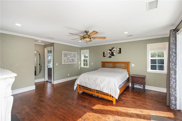 bedroom featuring visible vents, baseboards, and dark wood-style flooring