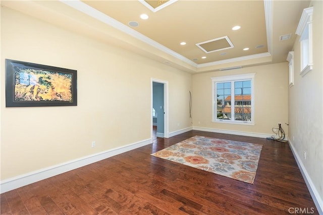 22052 Susan Ln, Huntington Beach, CA 92646 - empty room with a tray ceiling, ornamental molding, wood finished floors, recessed lighting, and baseboards