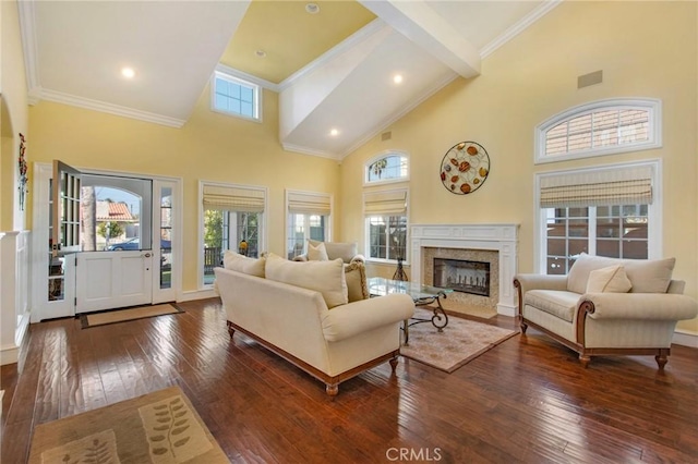 22052 Susan Ln, Huntington Beach, CA 92646 - living area with high vaulted ceiling, dark wood-style floors, a high end fireplace, beam ceiling, and crown molding