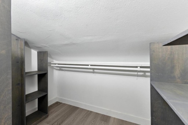 walk in closet with dark wood-type flooring