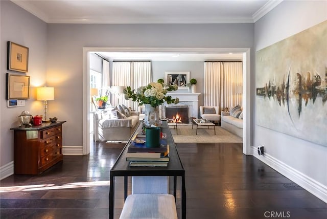 interior space featuring dark wood-type flooring and ornamental molding