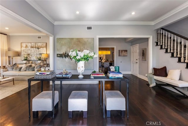 bar featuring crown molding and dark wood-type flooring