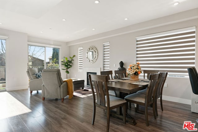 dining space with dark wood-type flooring