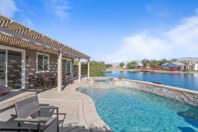 view of swimming pool with a pergola, a patio area, a water view, and an in ground hot tub